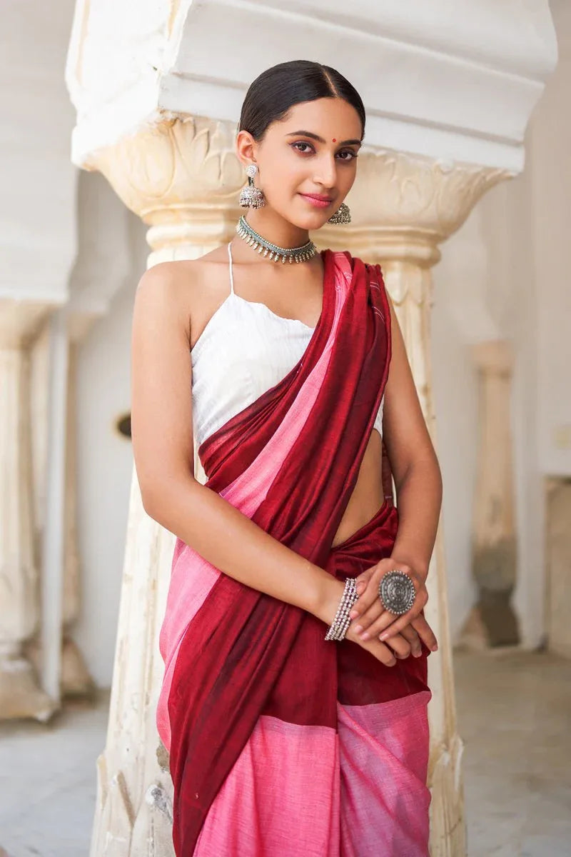 Brick Red And Pink Mulmul Cotton Saree - EZBER