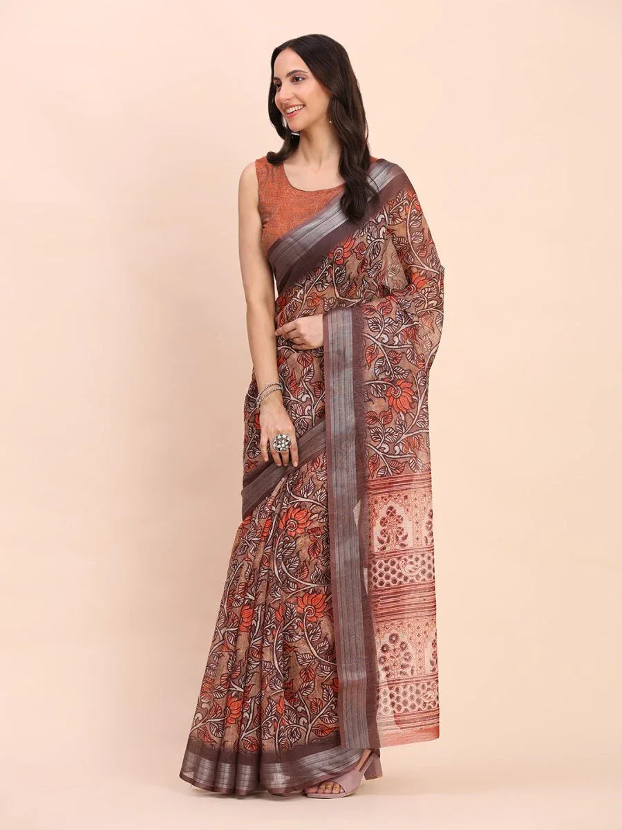 Brown COTTON CRUSH Linen Cotton Saree with Blouse Piece - EZBER