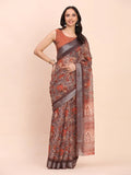 Brown COTTON CRUSH Linen Cotton Saree with Blouse Piece - EZBER
