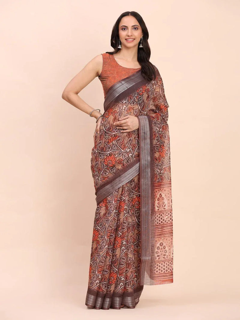Brown COTTON CRUSH Linen Cotton Saree with Blouse Piece - EZBER