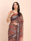 Brown COTTON CRUSH Linen Cotton Saree with Blouse Piece - EZBER