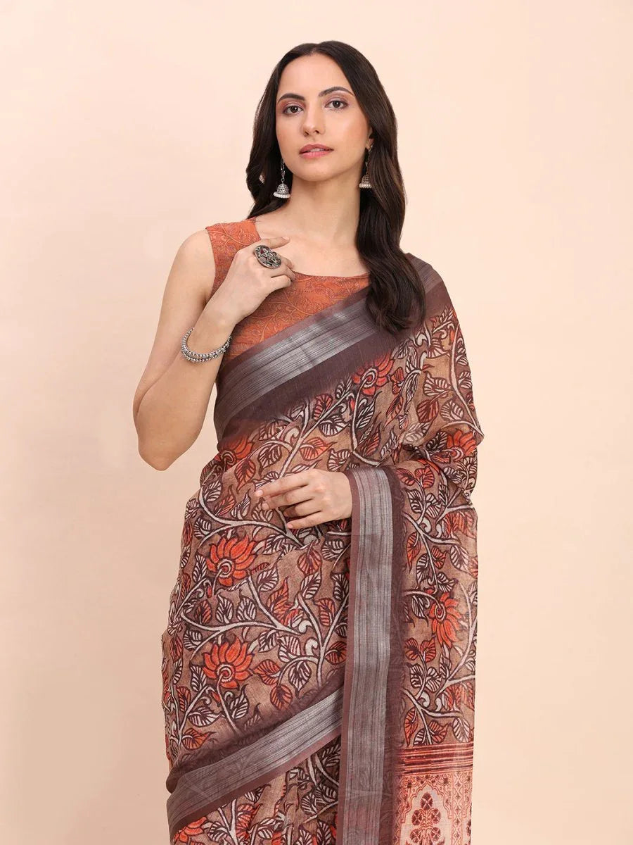 Brown COTTON CRUSH Linen Cotton Saree with Blouse Piece - EZBER