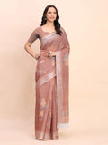 Brown COTTON CRUSH Linen Cotton Saree with Blouse Piece - EZBER