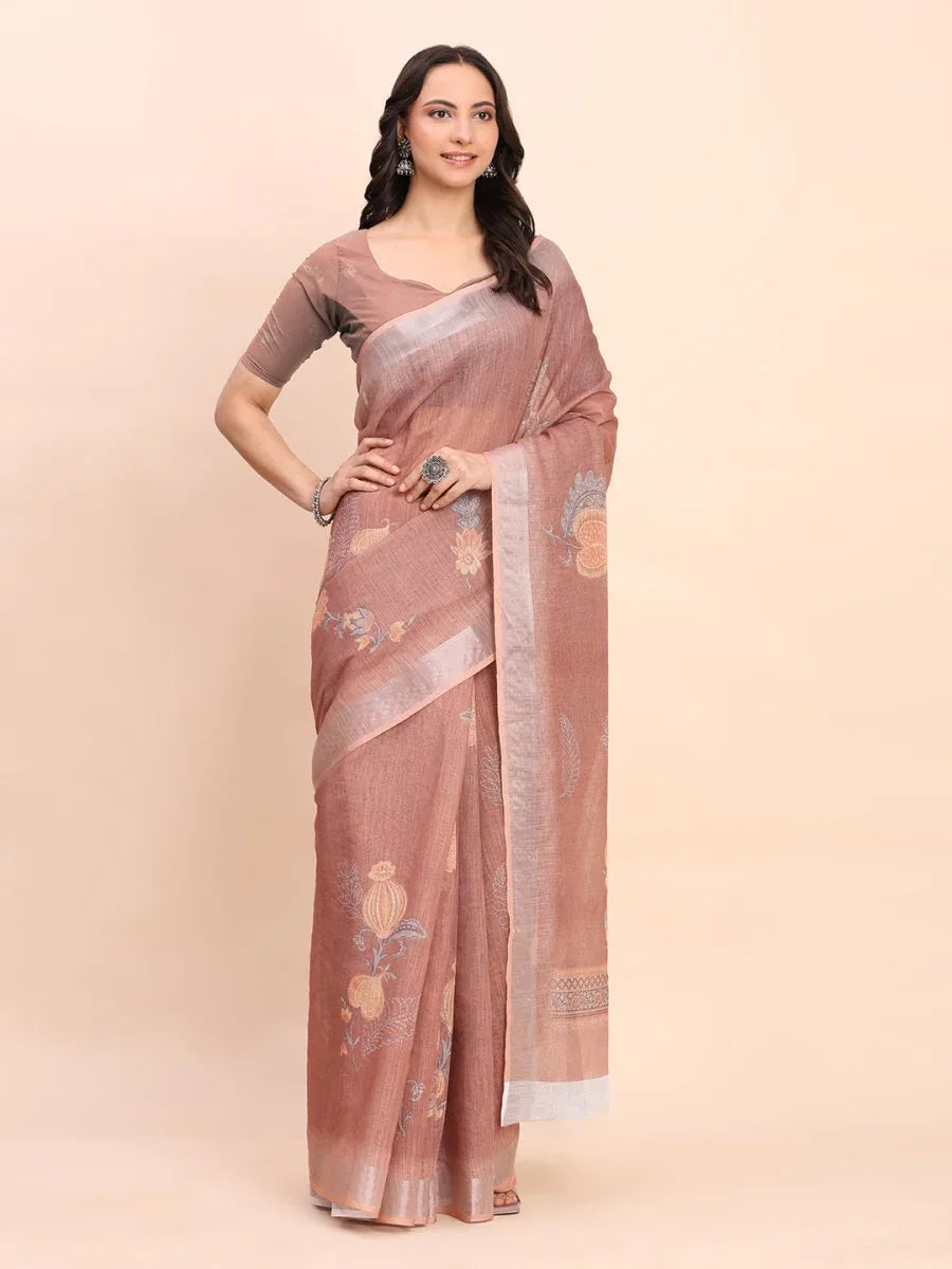Brown COTTON CRUSH Linen Cotton Saree with Blouse Piece - EZBER