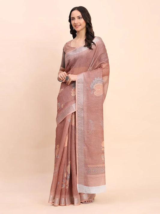 Brown COTTON CRUSH Linen Cotton Saree with Blouse Piece - EZBER