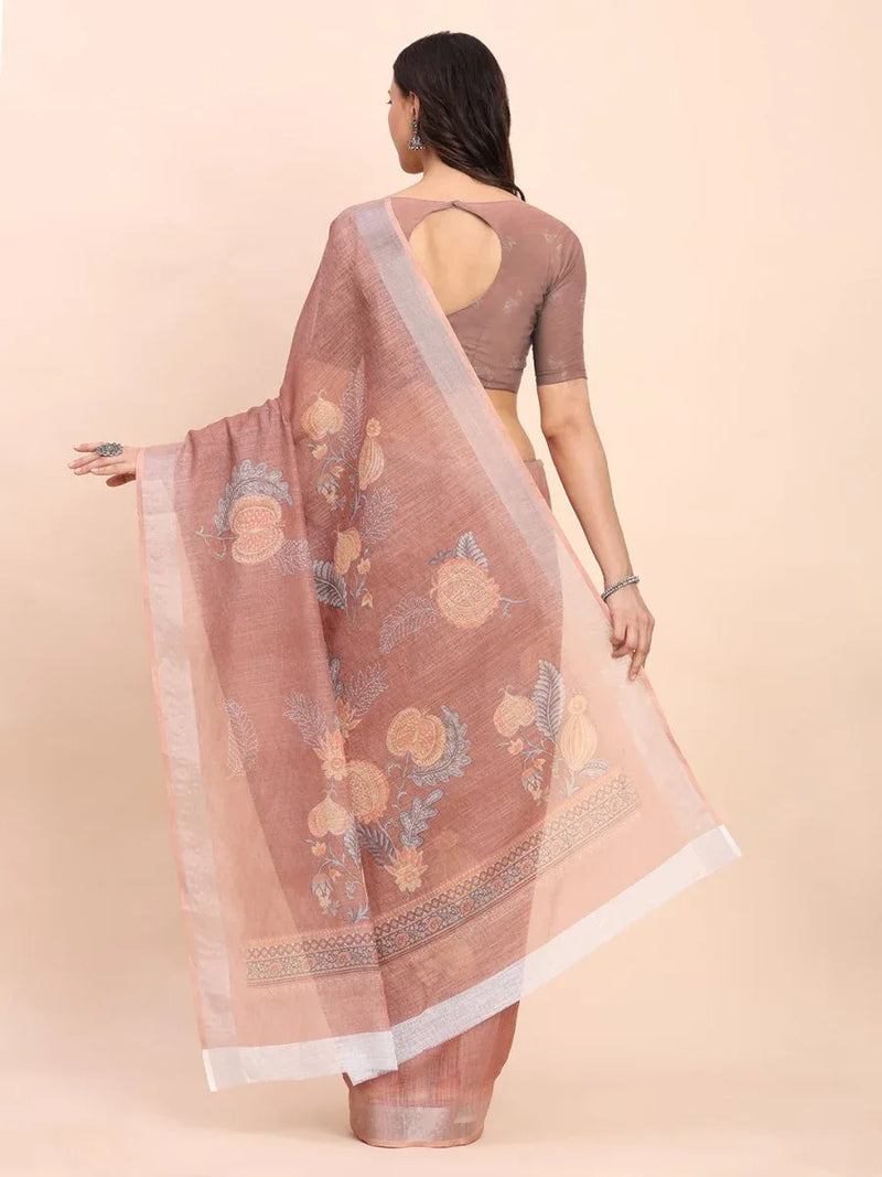 Brown COTTON CRUSH Linen Cotton Saree with Blouse Piece - EZBER