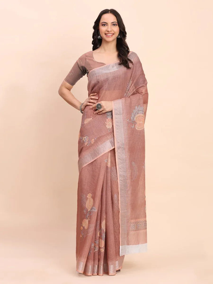 Brown COTTON CRUSH Linen Cotton Saree with Blouse Piece - EZBER