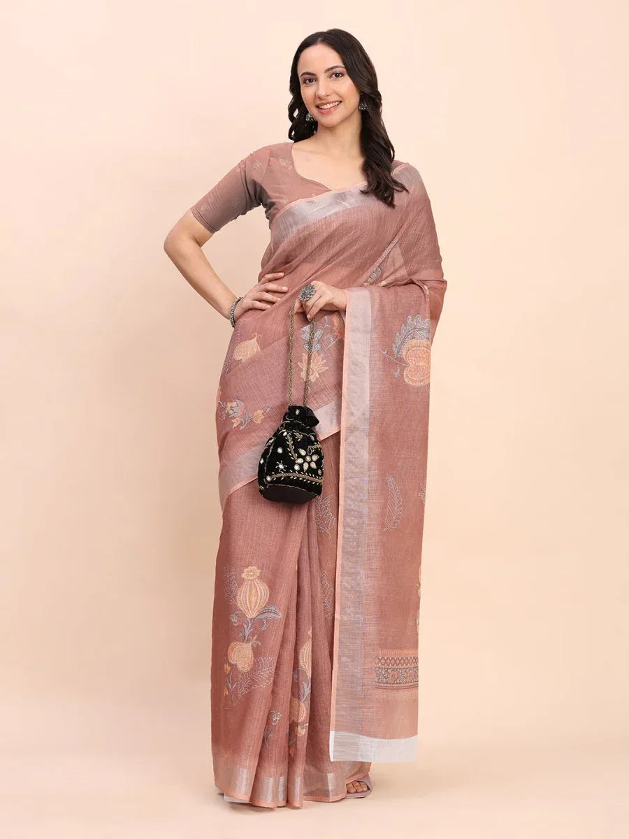 Brown COTTON CRUSH Linen Cotton Saree with Blouse Piece - EZBER