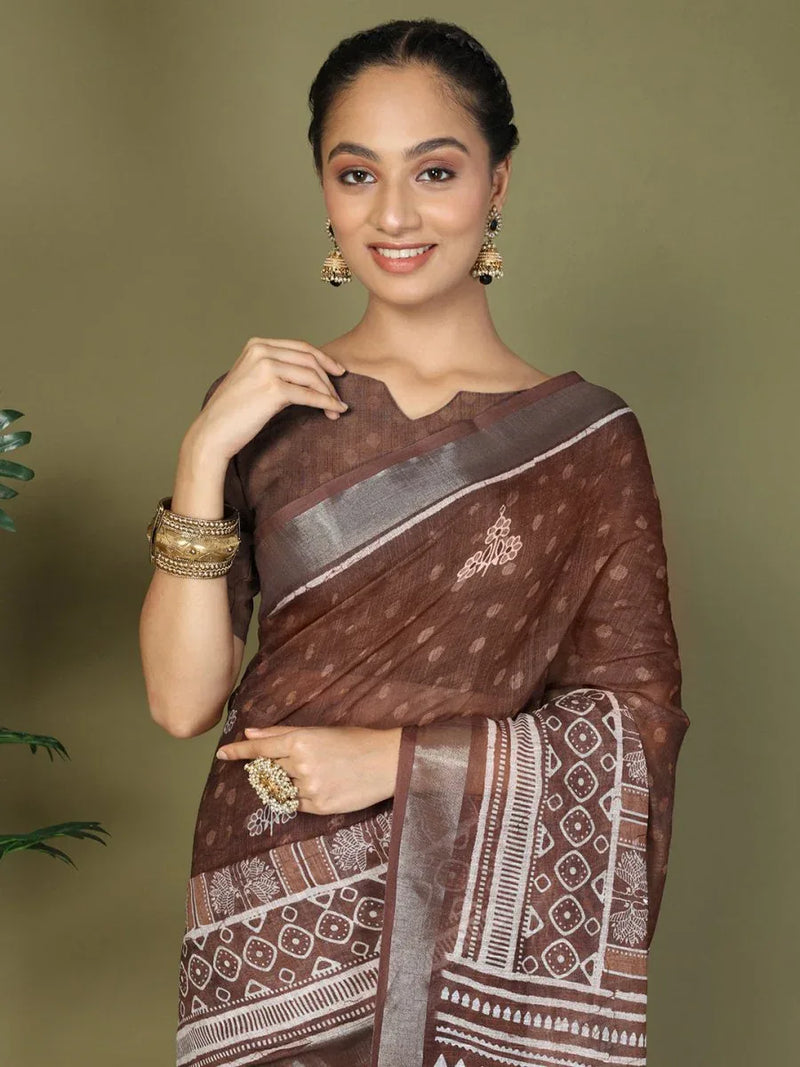 Brown Cotton Saree With Blouse Piece - EZBER