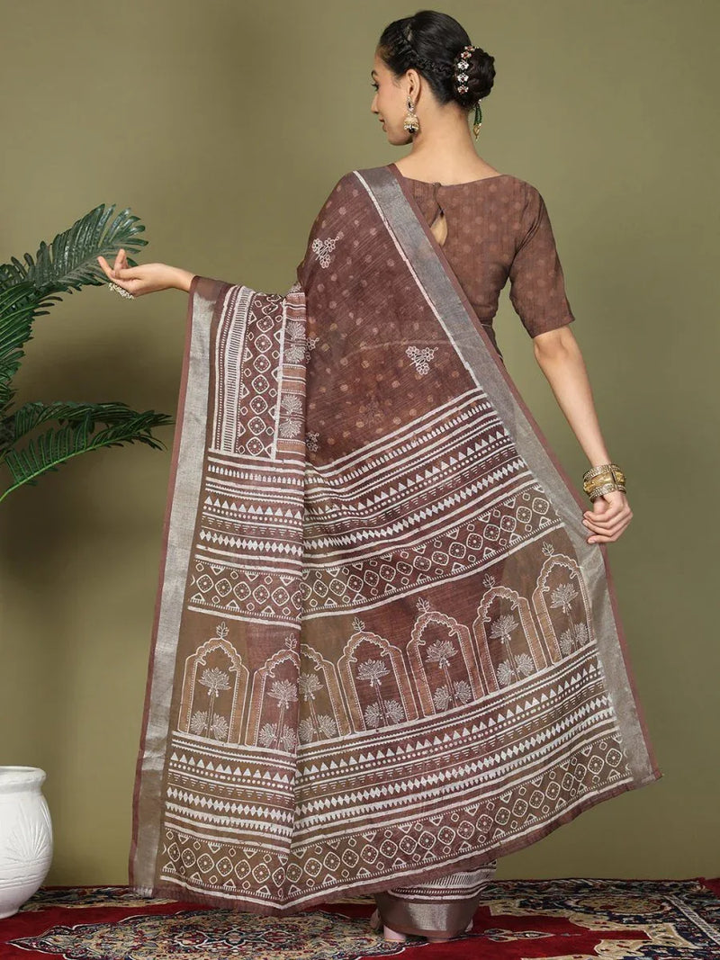 Brown Cotton Saree With Blouse Piece - EZBER