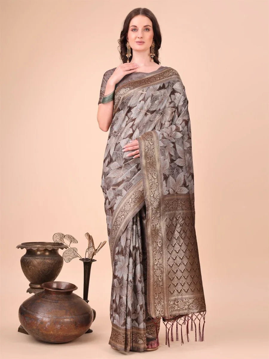 Brown Cotton Saree With Blouse Piece - EZBER