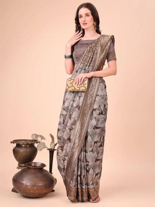 Brown Cotton Saree With Blouse Piece - EZBER