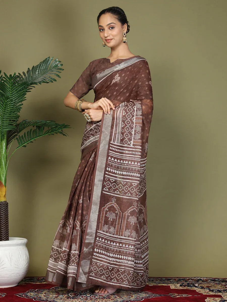 Brown Cotton Saree With Blouse Piece - EZBER