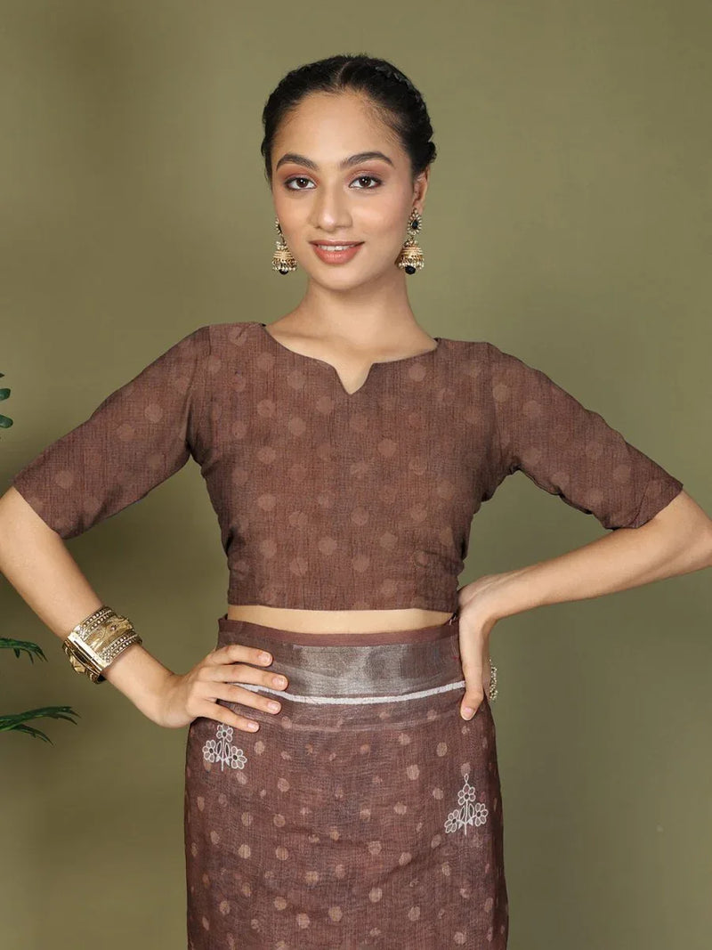 Brown Cotton Saree With Blouse Piece - EZBER