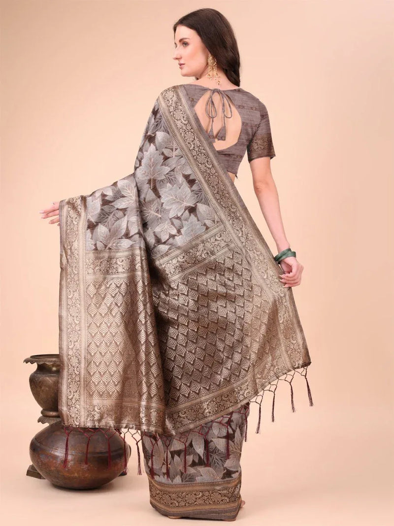 Brown Cotton Saree With Blouse Piece - EZBER
