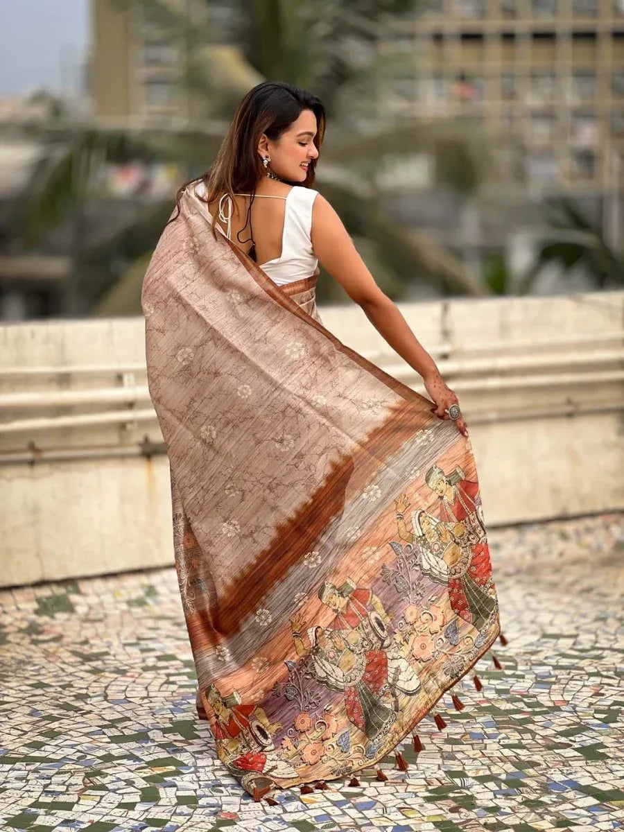 Brown Digital Printed Silk Saree With Blouse Piece - EZBER