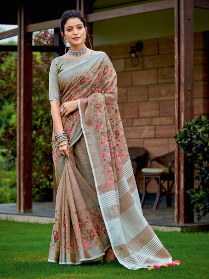 Brown Linen Cotton Handloom Saree | EZB SI04 SGKSS1002 - EZBER