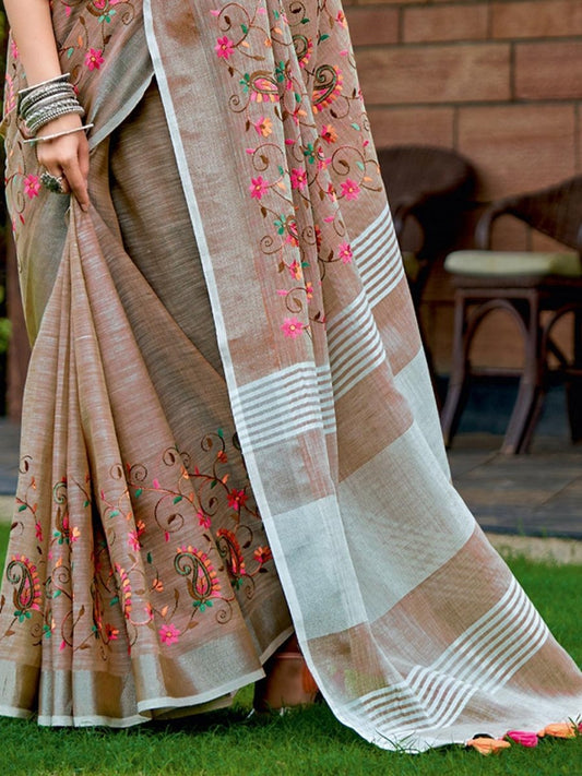 Brown Linen Cotton Handloom Saree | EZB SI04 SGKSS1002 - EZBER