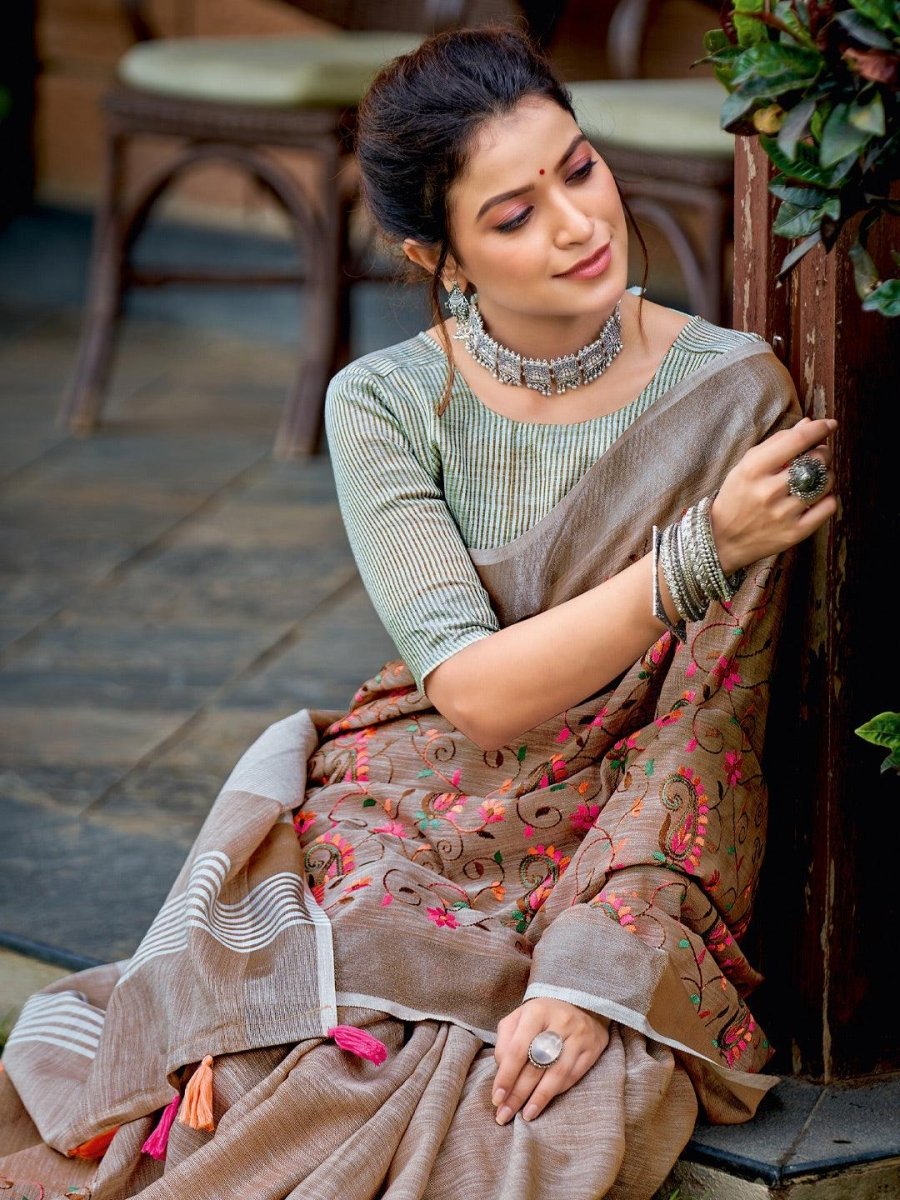Brown Linen Cotton Handloom Saree | EZB SI04 SGKSS1002 - EZBER