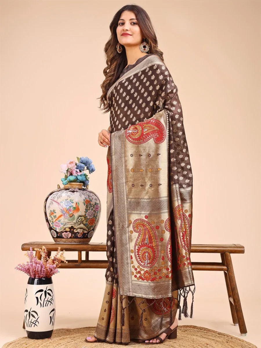 Brown Linen Cotton Saree With Blouse Piece - EZBER
