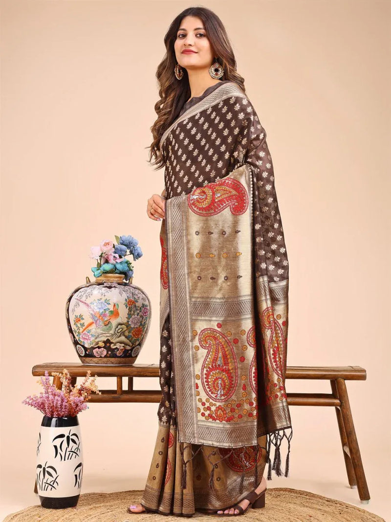 Brown Linen Cotton Saree With Blouse Piece - EZBER