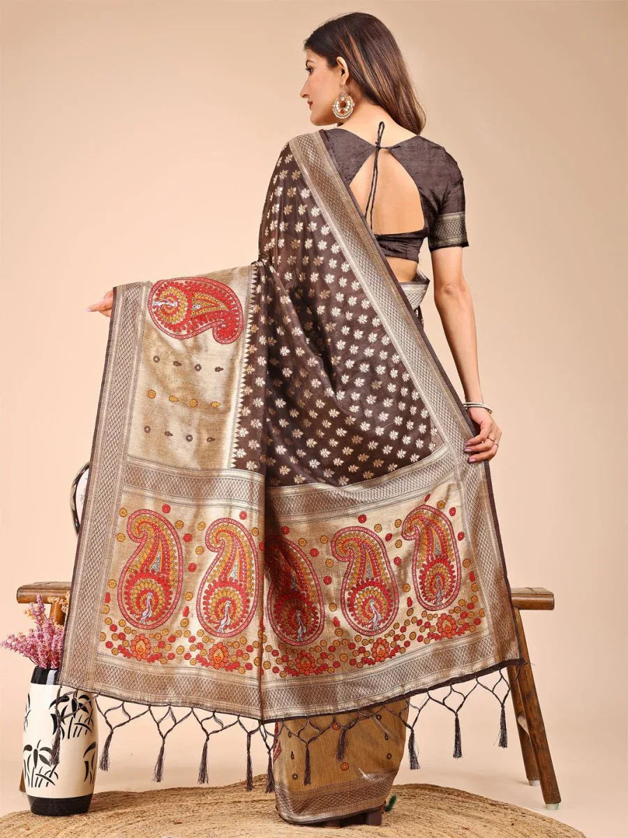 Brown Linen Cotton Saree With Blouse Piece - EZBER
