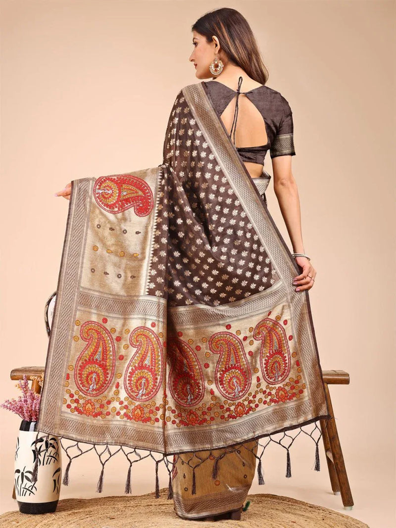 Brown Linen Cotton Saree With Blouse Piece - EZBER