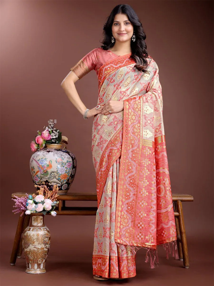 Brown Linen Cotton Saree With Blouse Piece - EZBER