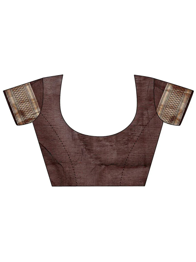 Brown Linen Cotton Saree With Blouse Piece - EZBER