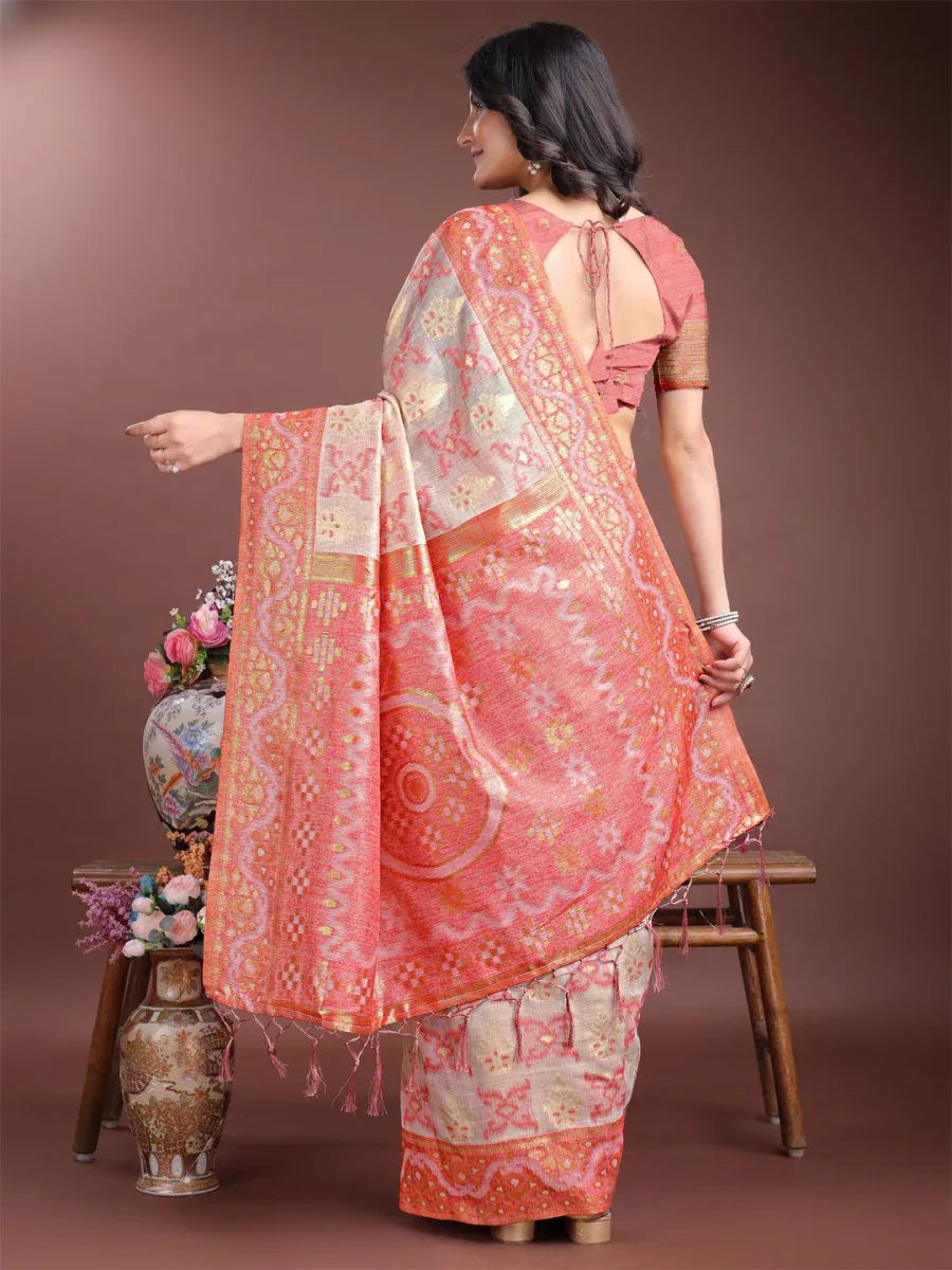 Brown Linen Cotton Saree With Blouse Piece - EZBER