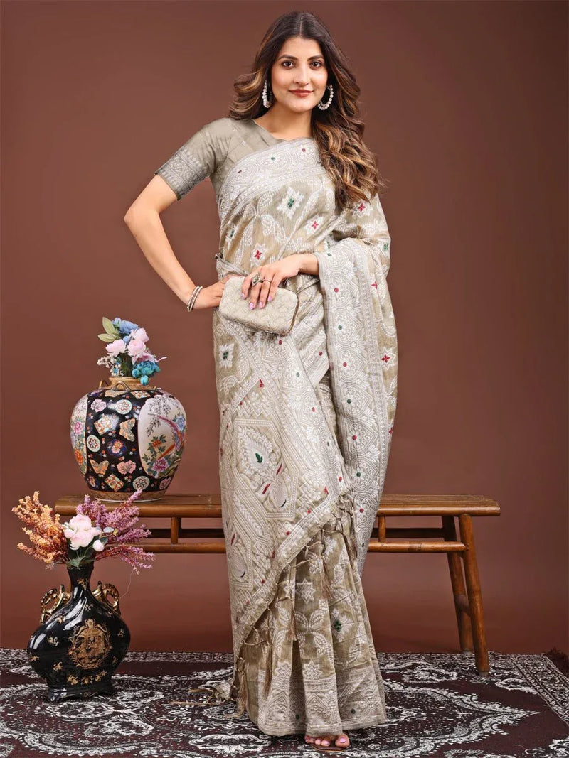 Brown Linen Cotton Saree With Blouse Piece - EZBER