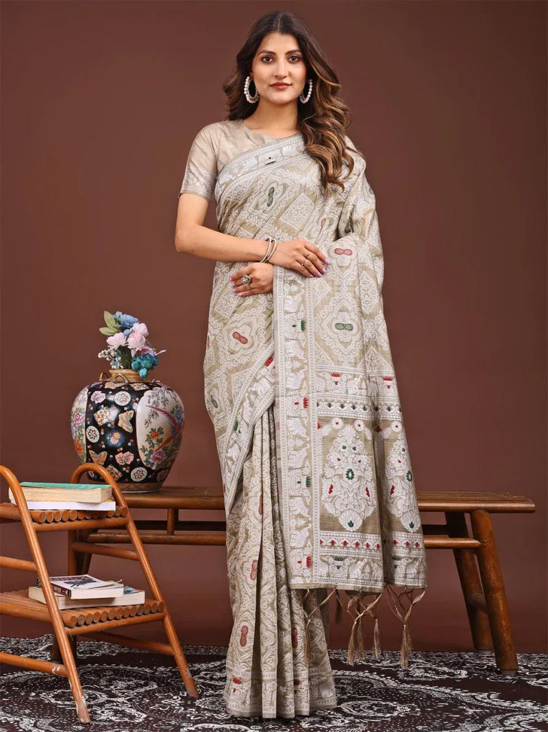 Brown Linen Cotton Saree With Blouse Piece - EZBER