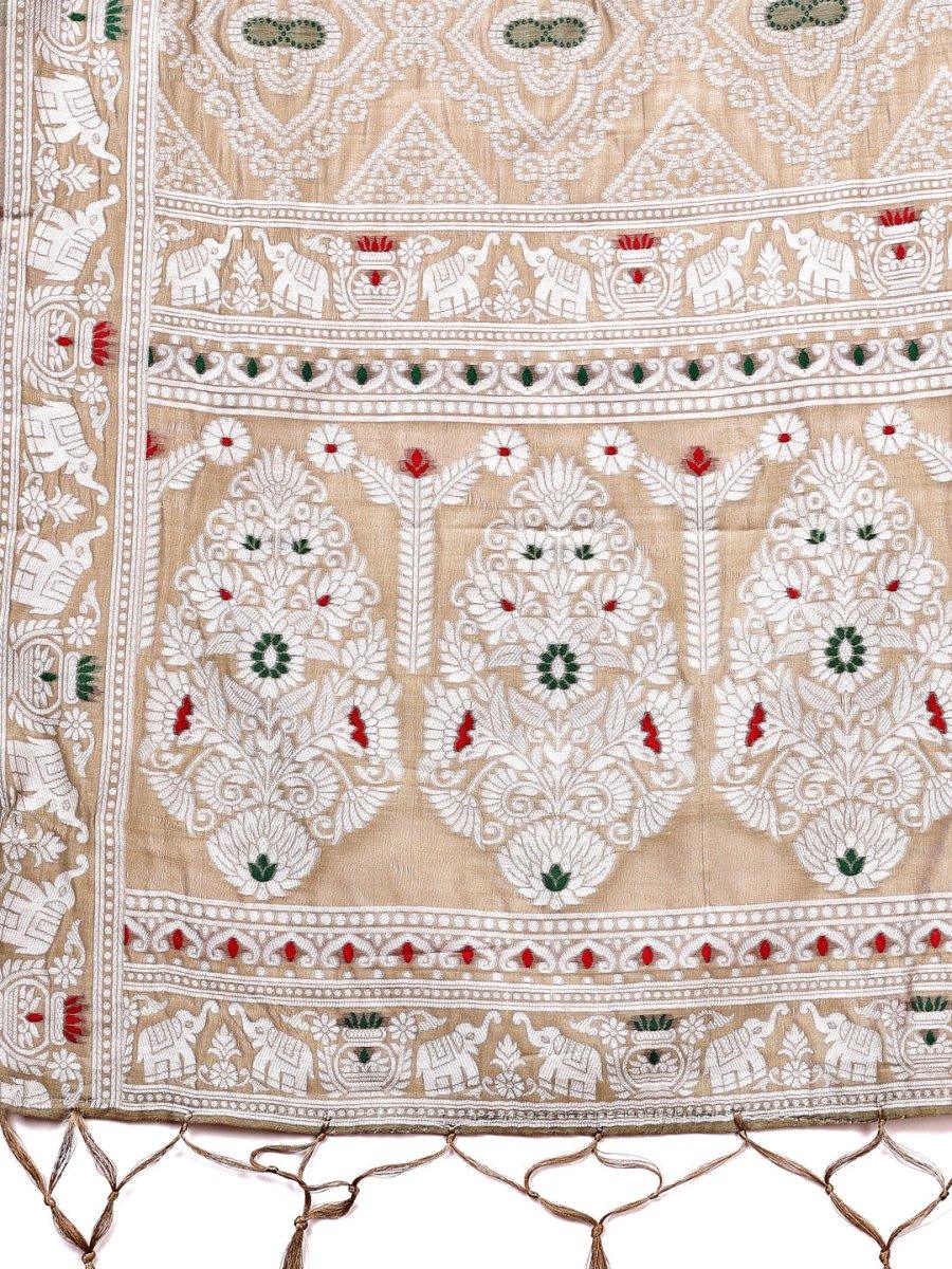 Brown Linen Cotton Saree With Blouse Piece - EZBER