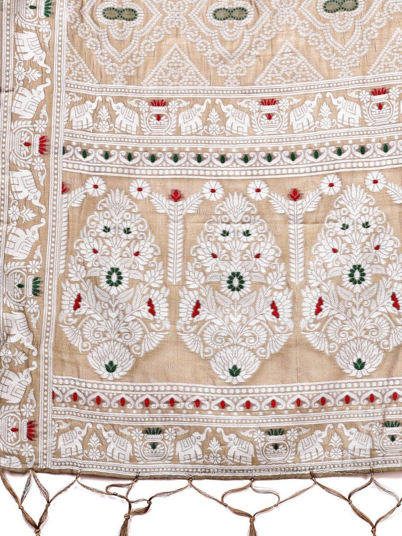 Brown Linen Cotton Saree With Blouse Piece - EZBER