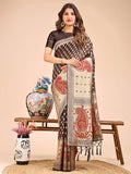 Brown Linen Cotton Saree With Blouse Piece - EZBER