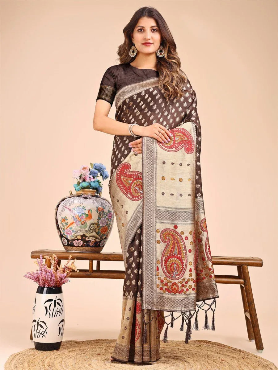 Brown Linen Cotton Saree With Blouse Piece - EZBER