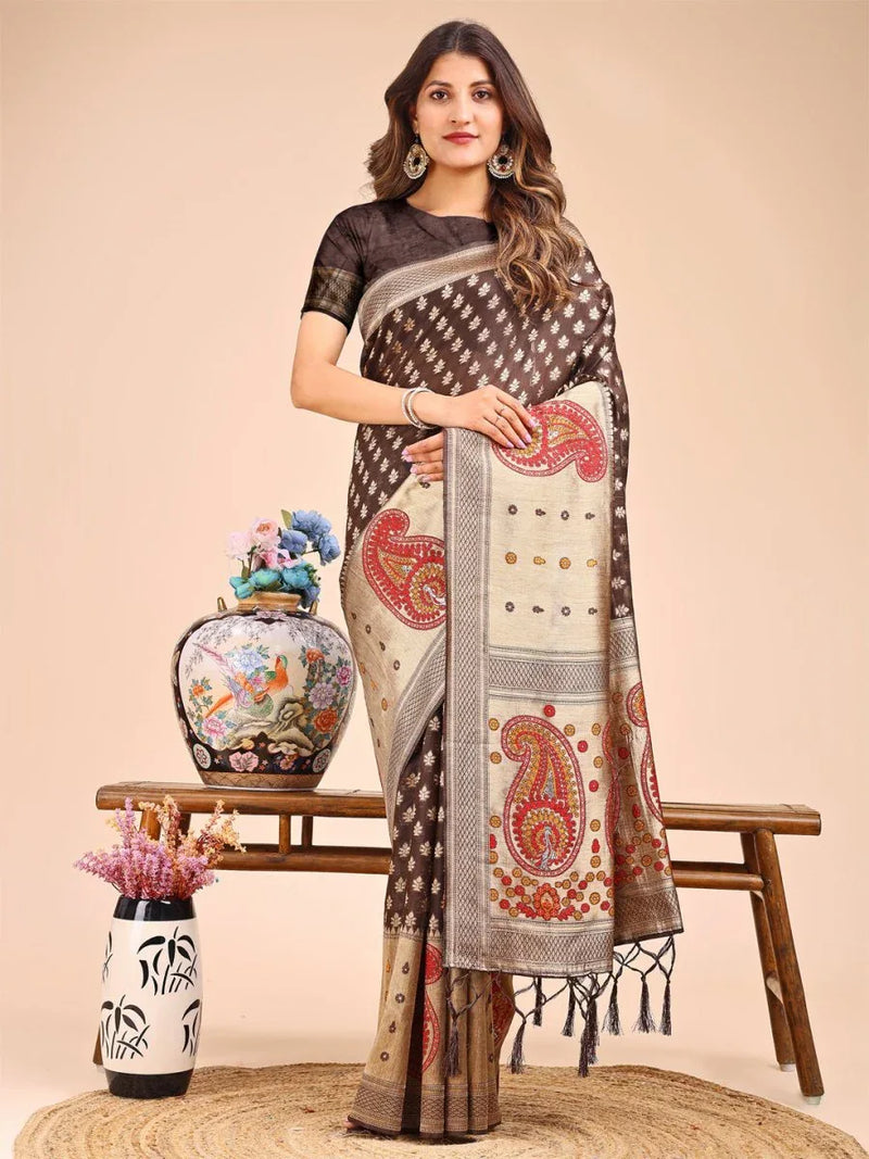 Brown Linen Cotton Saree With Blouse Piece - EZBER