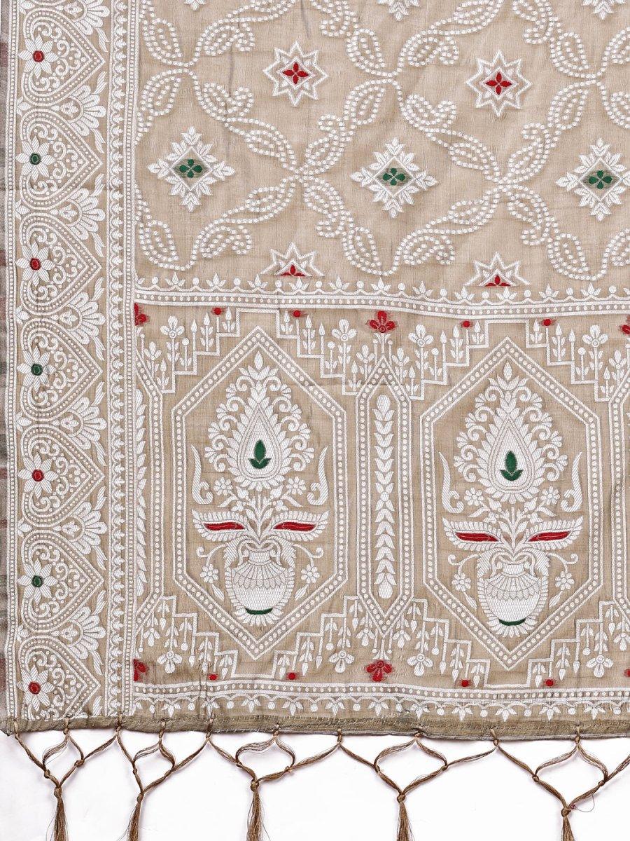 Brown Linen Cotton Saree With Blouse Piece - EZBER