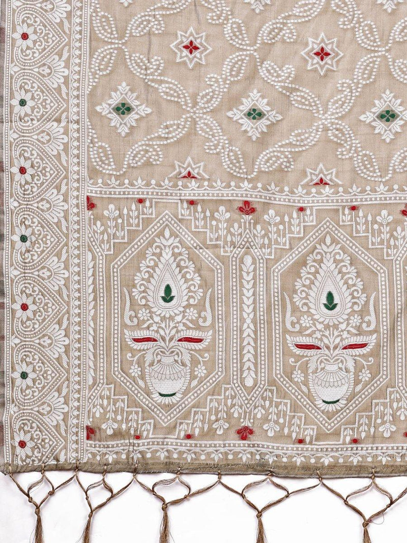 Brown Linen Cotton Saree With Blouse Piece - EZBER