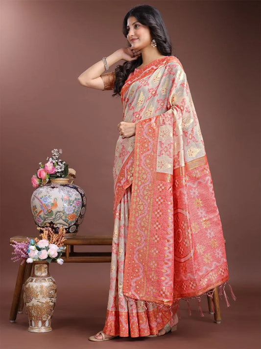 Brown Linen Cotton Saree With Blouse Piece - EZBER