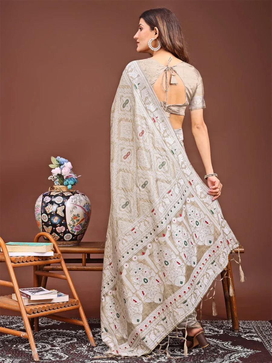 Brown Linen Cotton Saree With Blouse Piece - EZBER