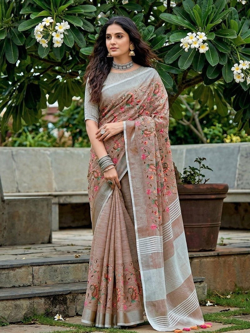 Brown Linen Stripe N Floral Saree | EZB SI04 SRKSS1002 - EZBER