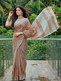 Brown Linen Stripe N Floral Saree | EZB SI04 SRKSS1002 - EZBER