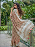 Brown Linen Stripe N Floral Saree | EZB SI04 SRKSS1002 - EZBER