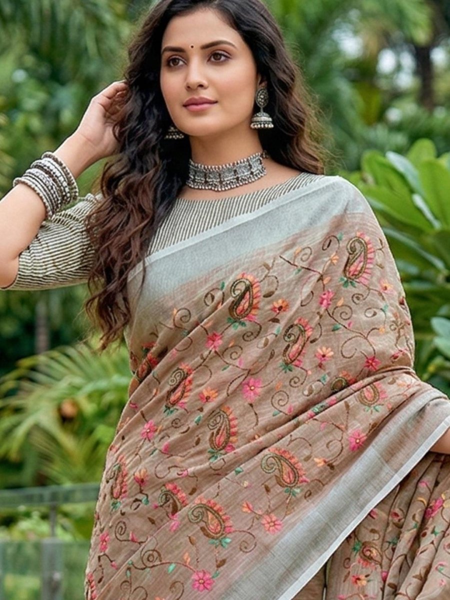 Brown Linen Stripe N Floral Saree | EZB SI04 SRKSS1002 - EZBER