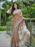 Brown Linen Stripe N Floral Saree | EZB SI04 SRKSS1002 - EZBER