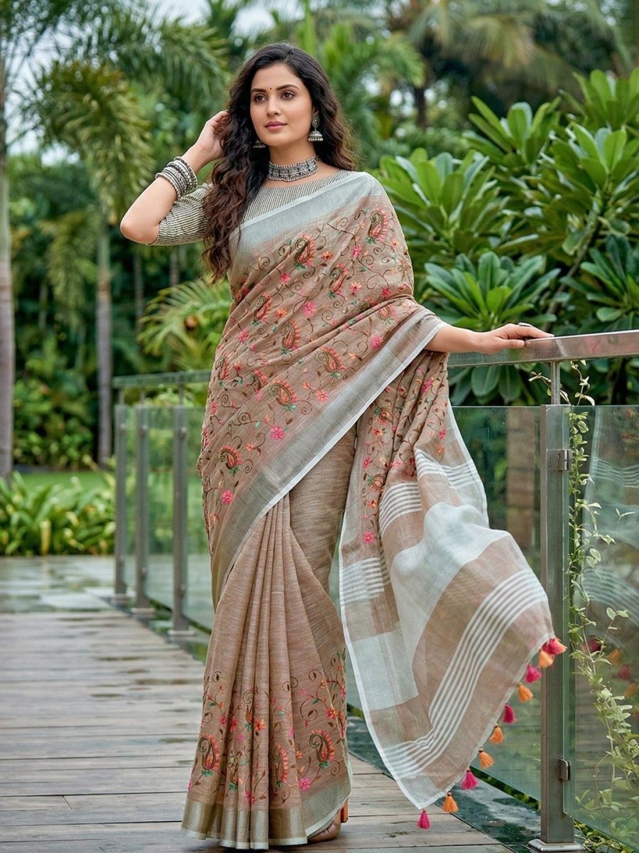 Brown Linen Stripe N Floral Saree | EZB SI04 SRKSS1002 - EZBER