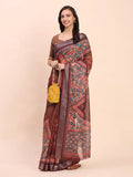 Brown SANSKRIT PRINTS Linen Cotton Saree with Blouse Piece - EZBER
