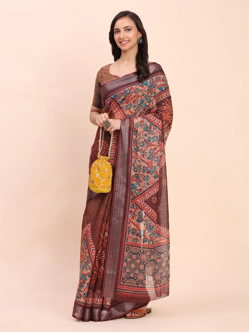 Brown SANSKRIT PRINTS Linen Cotton Saree with Blouse Piece - EZBER
