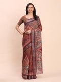 Brown SANSKRIT PRINTS Linen Cotton Saree with Blouse Piece - EZBER